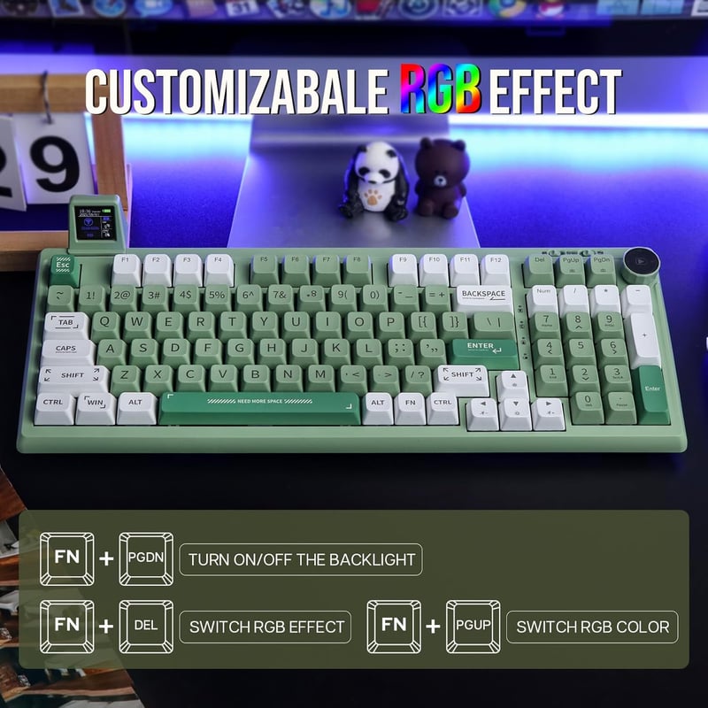 EPOMAKER RT100 Mechanikus Billentyűzet Gamer RGB Bluetooth USB Forgatógomb Hot Swap Zöld