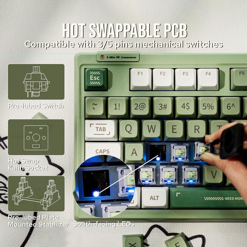 EPOMAKER RT100 Mechanikus Billentyűzet Gamer RGB Bluetooth USB Forgatógomb Hot Swap Zöld