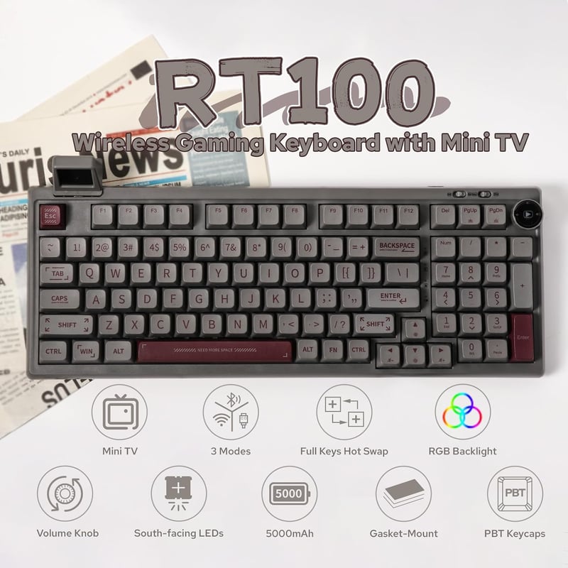 EPOMAKER RT100 Mechanikus Billentyűzet Bluetooth/USB, Forgatógomb, Hot Swap, RGB, 5000mAh