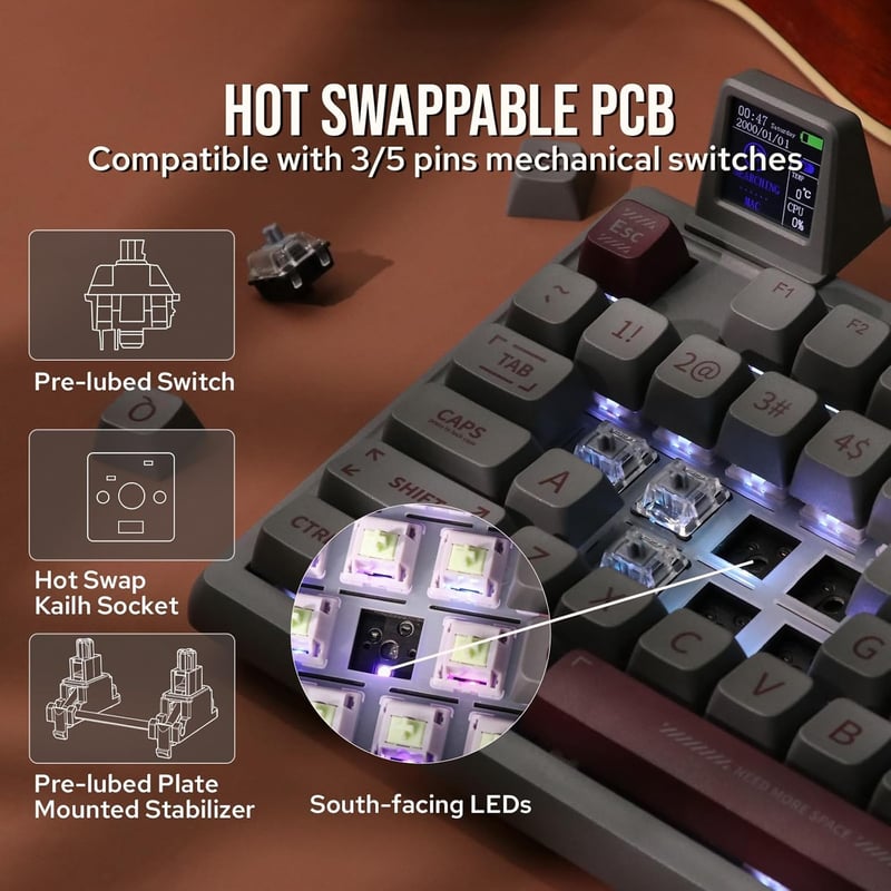 EPOMAKER RT100 Mechanikus Billentyűzet Bluetooth/USB, Forgatógomb, Hot Swap, RGB, 5000mAh