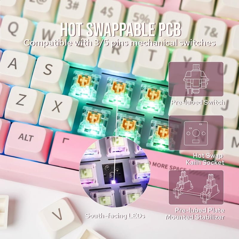 EPOMAKER RT100 Mechanikus Billentyűzet RGB, Bluetooth/USB, Hot Swap, Forgó Gomb, Rózsaszín