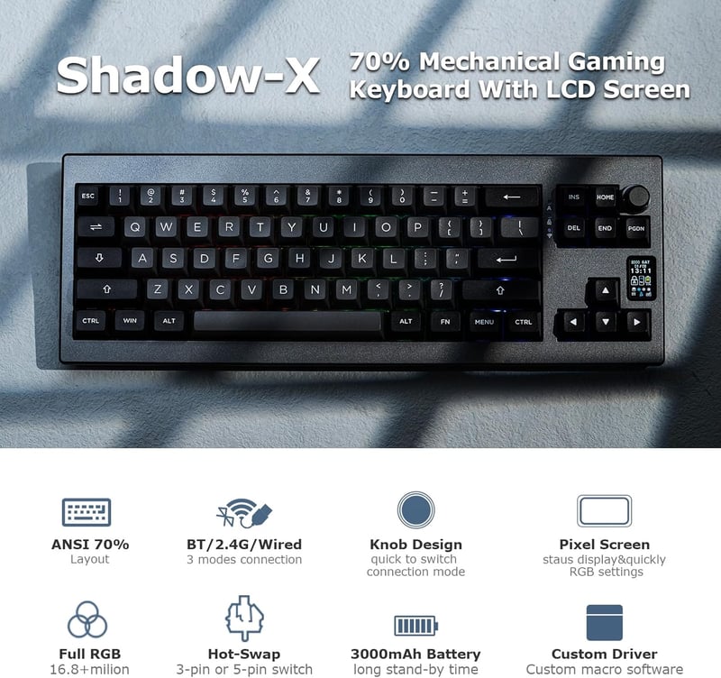 EPOMAKER Shadow-X Mechanikus Billentyűzet Vezetékes/Bluetooth/Wireless, Kijelzővel, Hot Swap, Gateron Pro Yellow
