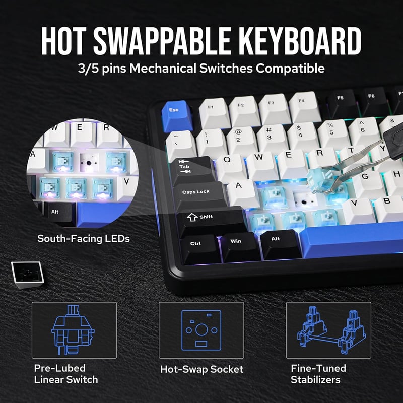 EPOMAKER TH85 Mechanikus Gaming Billentyűzet, Wireless RGB, Hot-Swap, Programozható