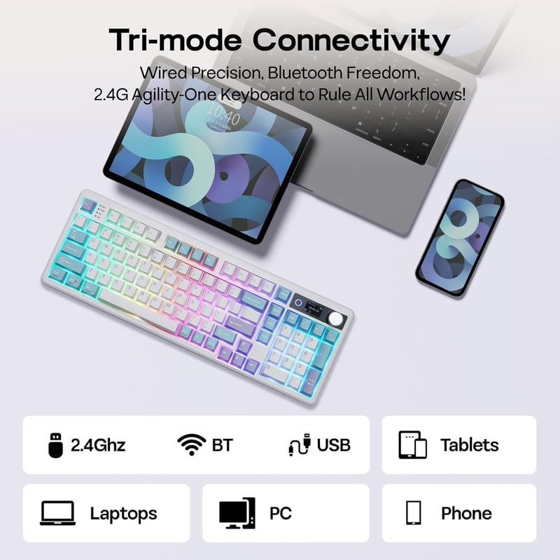 EPOMAKER TH99 PRO 96% Mechanikus Billentyűzet Kijelzővel, RGB, Vezeték Nélküli, Hot Swap, Fehér
