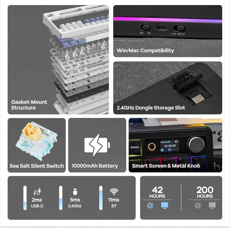 EPOMAKER TH99 PRO 96% Mechanikus Gamer Billentyűzet RGB LED, Vezeték Nélküli 2.4GHz Bluetooth, Hot Swap, Fekete
