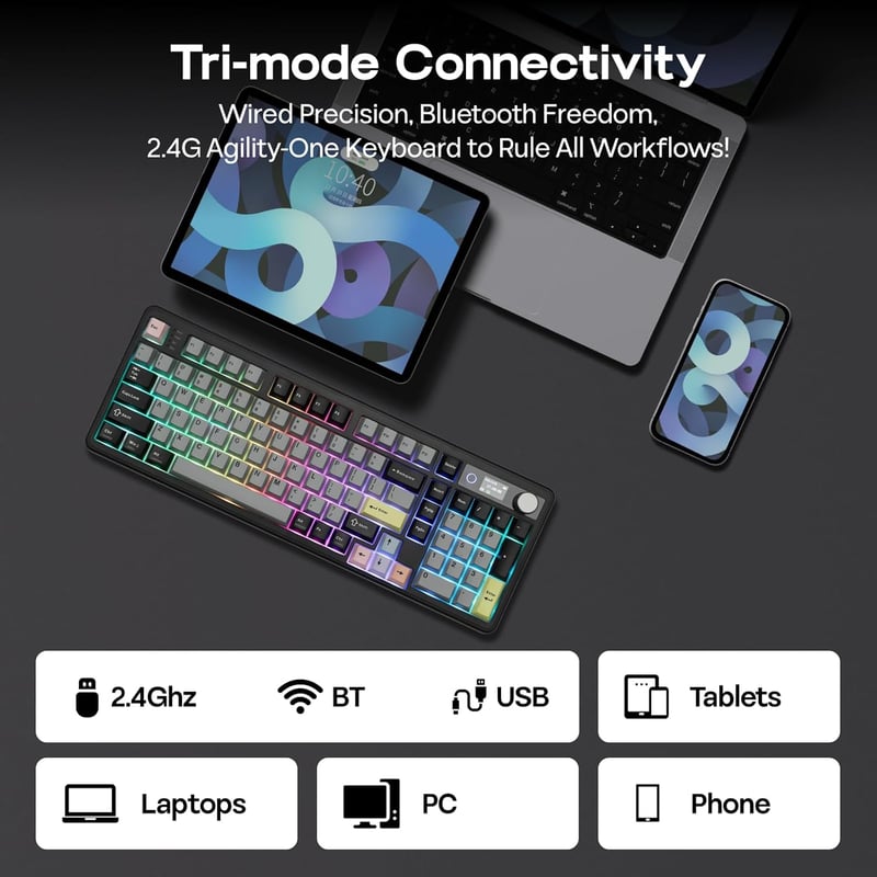 EPOMAKER TH99 PRO 96% Mechanikus Gamer Billentyűzet RGB LED, Vezeték Nélküli 2.4GHz Bluetooth, Hot Swap, Fekete