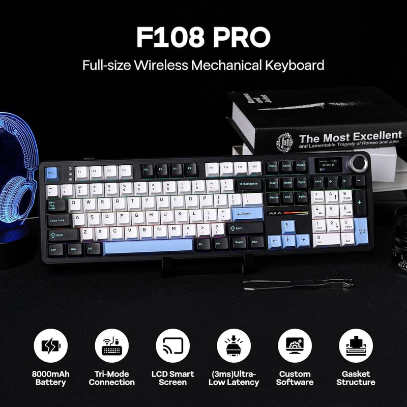 EPOMAKER X Aula F108 PRO Wireless Gaming Billentyűzet Kijelzővel, RGB, Hot Swap, Mac/PC