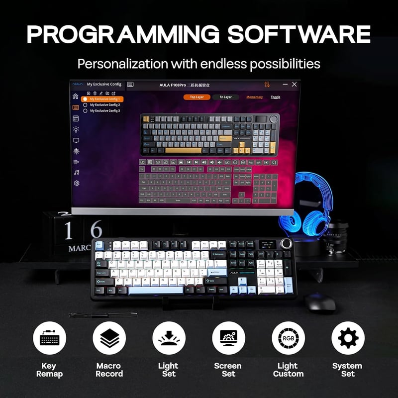 EPOMAKER X Aula F108 PRO Wireless Gaming Billentyűzet Kijelzővel, RGB, Hot Swap, Mac/PC