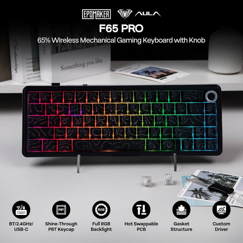 EPOMAKER X Aula F65 PRO Wireless Mechanikus Gamer Billentyűzet, Hot-Swap, RGB, Bluetooth/2.4GHz, 65% Layout