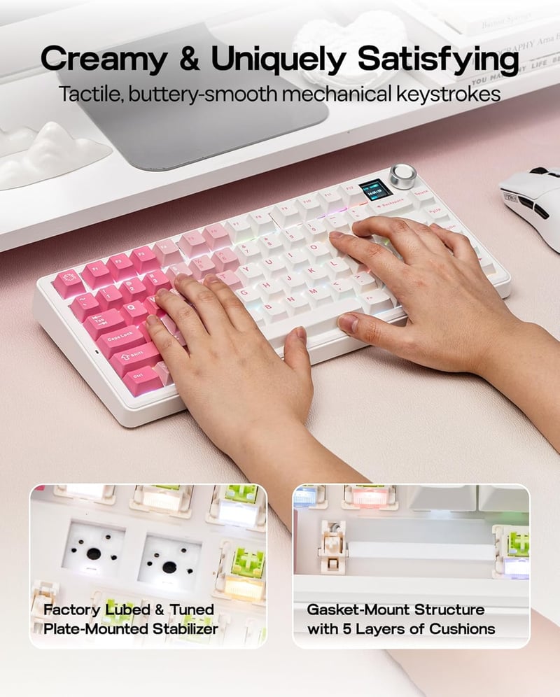EPOMAKER X Aula F75 MAX Mechanikus Gaming Billentyűzet 75% TFT Kijelzővel Fehér-Rózsaszín