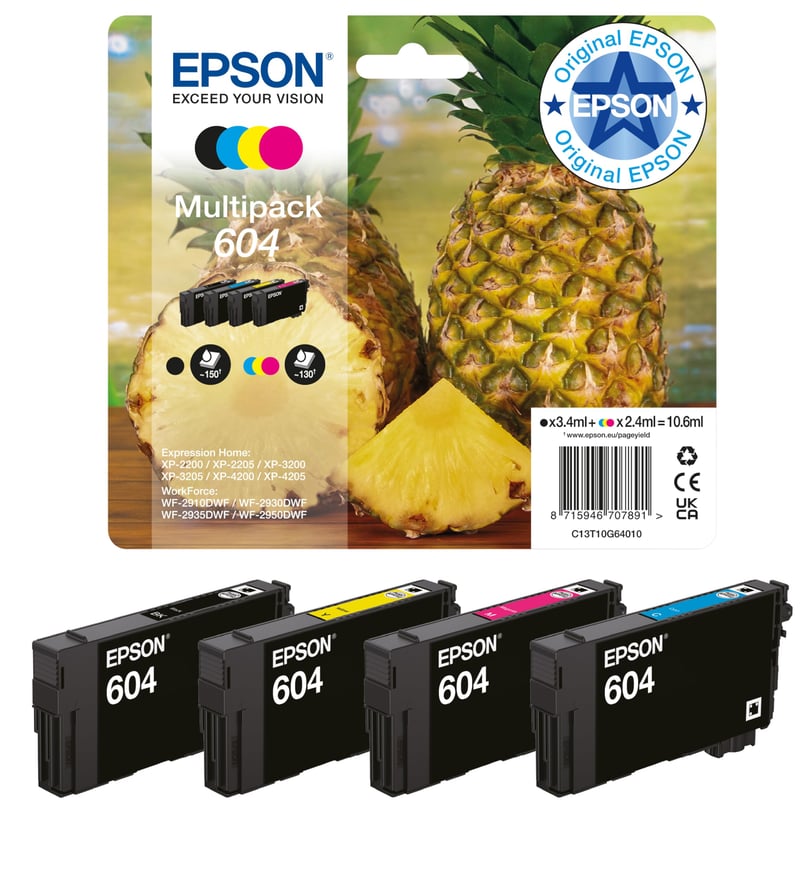Epson 604 Ananász Multipack atramentové kazety – čierna, azúrová, purpurová, žltá – 1x3,4 ml + 3x2,4 ml – 4 farby