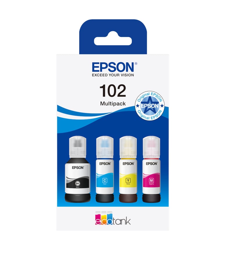 Originálne balenie atramentových fliaš Epson EcoTank 102 – čierna, azúrová, purpurová, žltá – 4-dielne multipack balenie, 337 ml, 25 500 strán