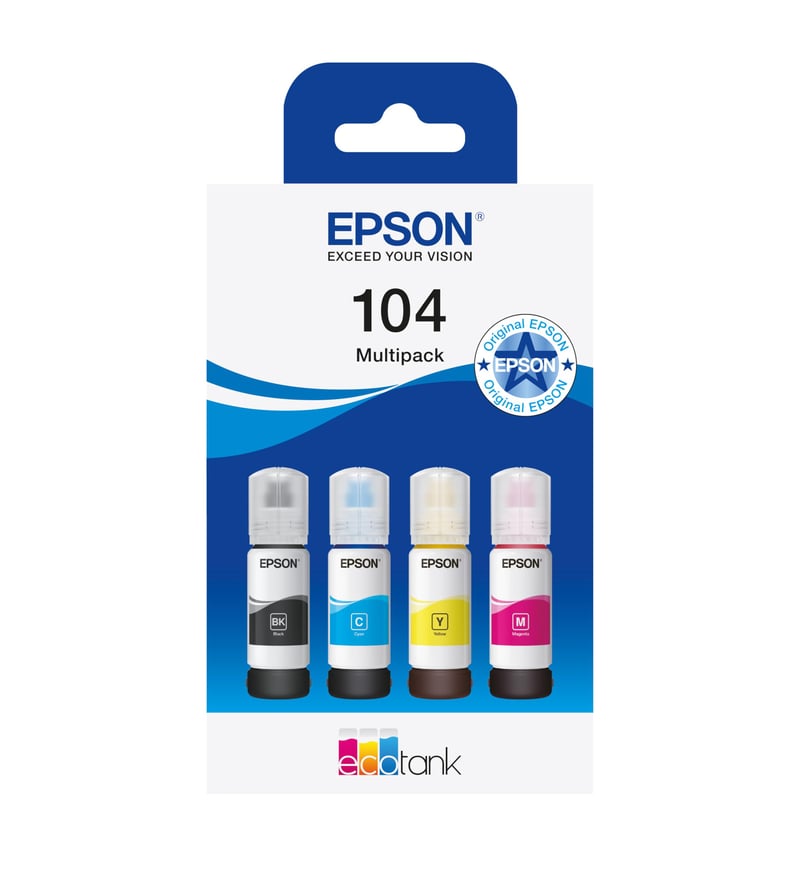 Originálne balenie atramentových náplní Epson EcoTank 104 – čierna, azúrová, purpurová, žltá – 4 ks, 65 ml