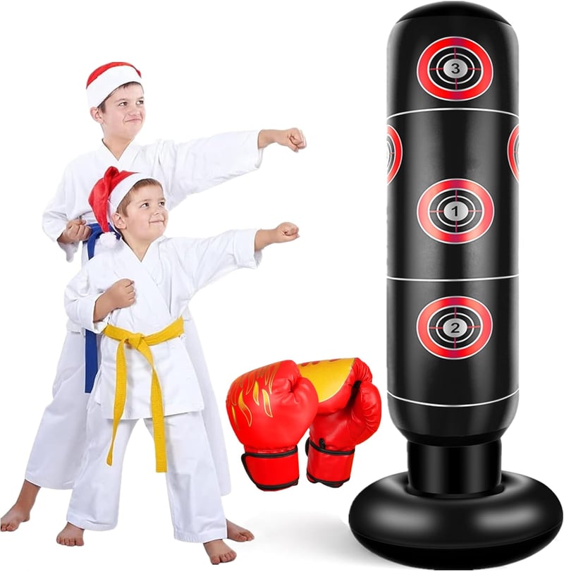 EQARD 160 cm felfujható álló boxzsák gyerekeknek piros sárga bokszkesztyűvel célpontokkal 3-12 éveseknek karate taekwondo MMA