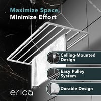 Erica Mennyezeti Ruhaszárító 100x50 cm, 8 Méter Szárítófelülettel, Összecsukható, PVC-mentes Bevonatú Fém Vázas Függő Szárító, Fehér 3