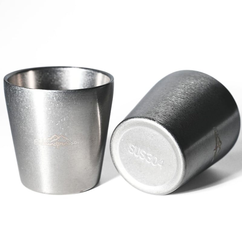 Erkundpresso. Set de 2 cești de espresso, 150 ml, oțel inoxidabil 304, argintiu mat vintage, pereți dubli termoizolanți, stivuibile, incasabile, pentru camping
