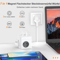 Cub prelungitor EROIZNY cu 3 prize, încărcător USB-C cu 2 porturi USB-C și 2 porturi USB-A, cu întrerupător, cablu de 2 m, ștecher plat magnetic, alb, pentru telefoane 2