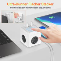 Cub prelungitor EROIZNY cu 3 prize, încărcător USB-C cu 2 porturi USB-C și 2 porturi USB-A, cu întrerupător, cablu de 2 m, ștecher plat magnetic, alb, pentru telefoane 5