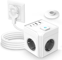 Cub prelungitor EROIZNY cu 3 prize, încărcător USB-C cu 2 porturi USB-C și 2 porturi USB-A, cu întrerupător, cablu de 2 m, ștecher plat magnetic, alb, pentru telefoane 1