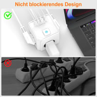 Cub prelungitor EROIZNY cu 3 prize, încărcător USB-C cu 2 porturi USB-C și 2 porturi USB-A, cu întrerupător, cablu de 2 m, ștecher plat magnetic, alb, pentru telefoane 6