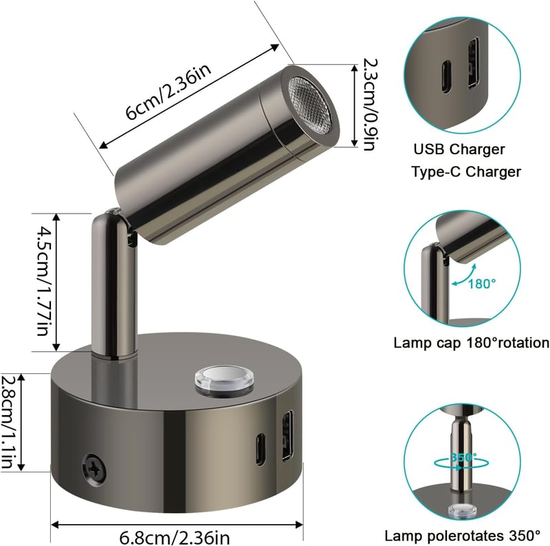 ERWEY 2db LED olvasólámpa 12V lakóautóhoz, érintésvezérelt, dimmelhető, USB-s, fekete