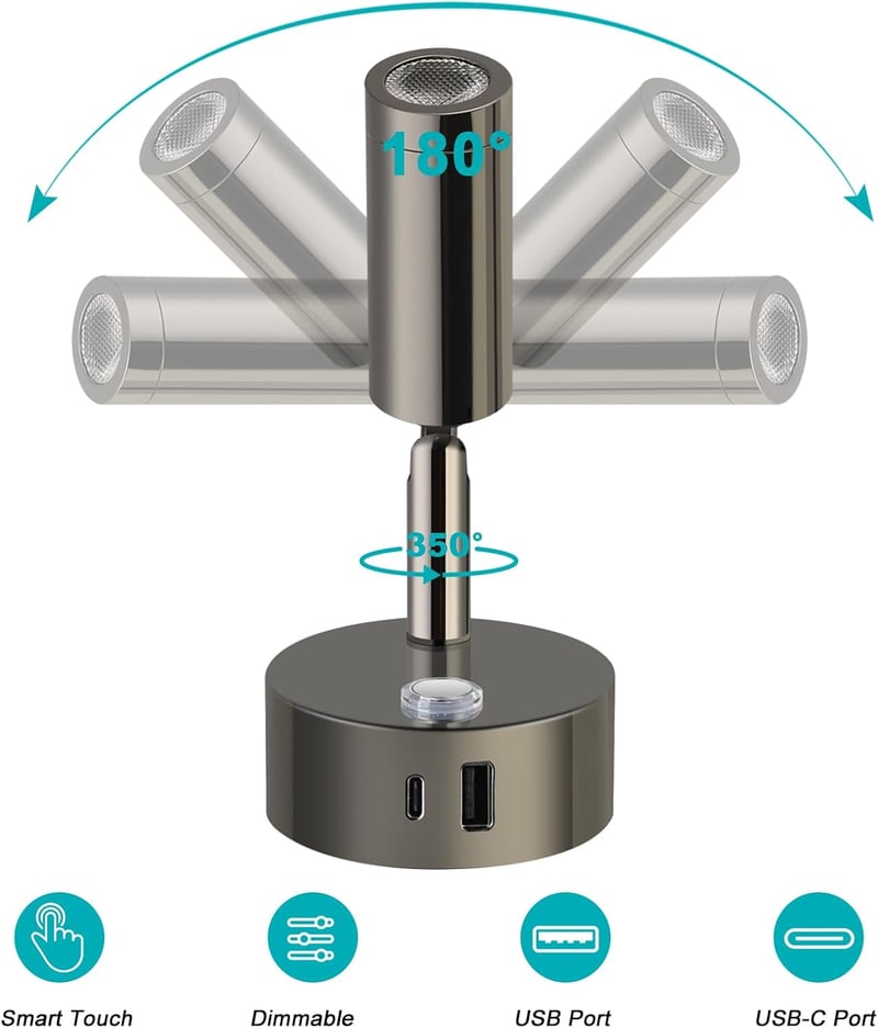 ERWEY 2db LED olvasólámpa 12V lakóautóhoz, érintésvezérelt, dimmelhető, USB-s, fekete