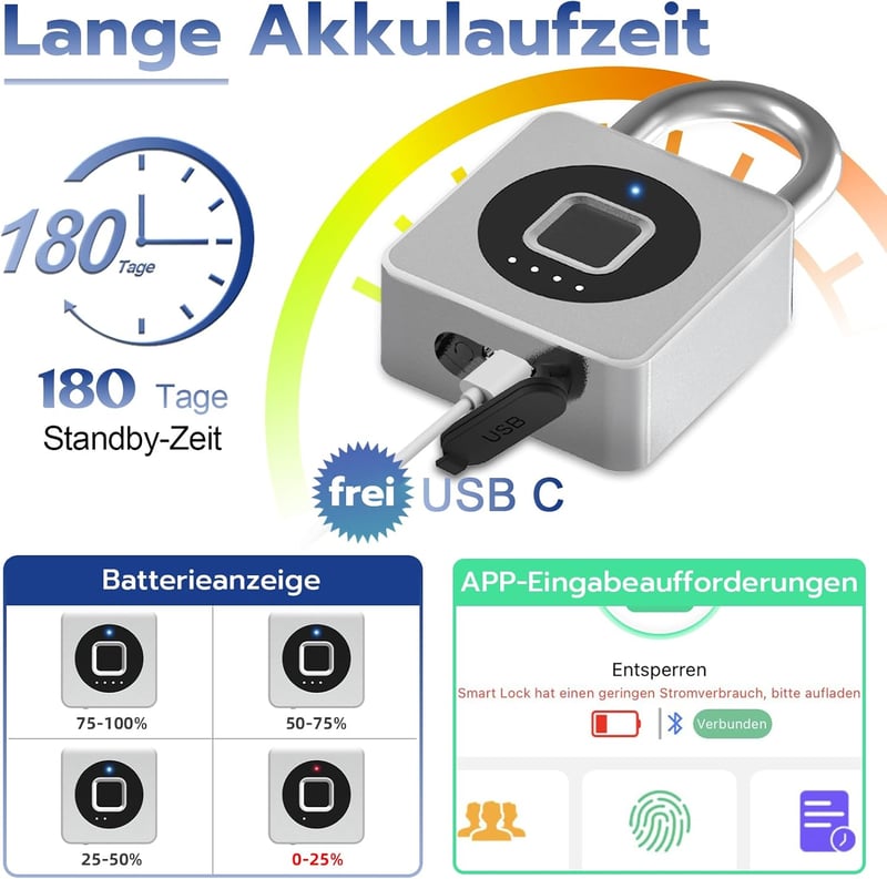 Eseesmart Ujjlenyomat Lakat - Bluetooth Okos Zár Vízálló Kerékpárhoz, Szekrényhez, Sisákhoz