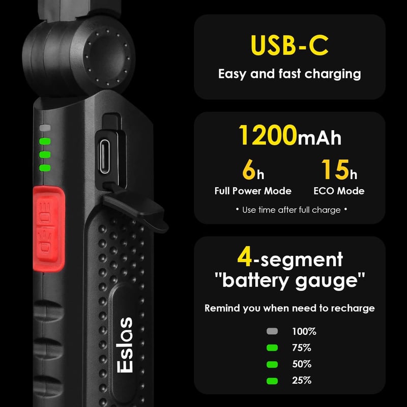 Eslas LED munkalámpa mágneses talp 3 oldalas 7 módú forgó camping szerelő