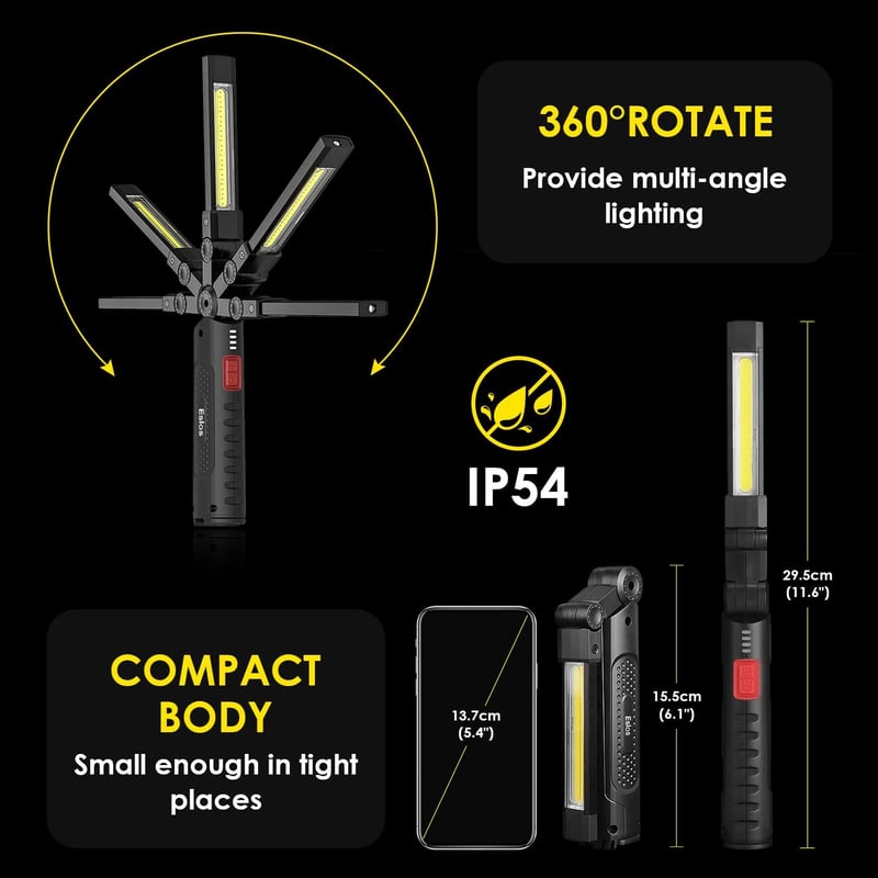 Eslas LED munkalámpa mágneses talp 3 oldalas 7 módú forgó camping szerelő
