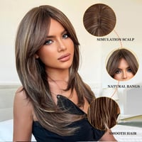 Esmee Hosszú Egyenes Paróka Barna Árnyalatokkal - Réteges Szintetikus Haj Függöny Frufruval - Hőálló Műhaj Nőknek Mindennapi és Alkalmi Vise 3