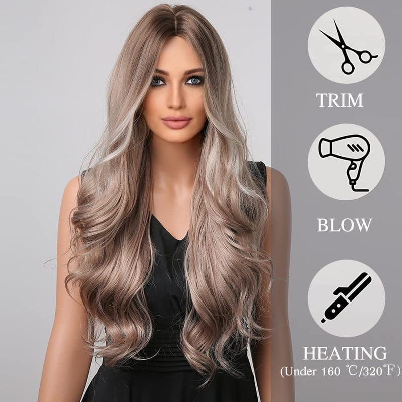 Esmee Hosszú Hullámos Paróka - 66 cm Ombre Barna-Hamvas Szőke, Hőálló Szintetikus Haj, Természetes Hatású, Állítható Fejméret, Cosplay, Part