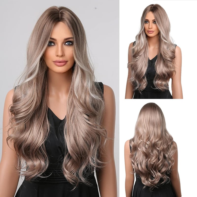 Esmee Hosszú Hullámos Paróka - 66 cm Ombre Barna-Hamvas Szőke, Hőálló Szintetikus Haj, Természetes Hatású, Állítható Fejméret, Cosplay, Part