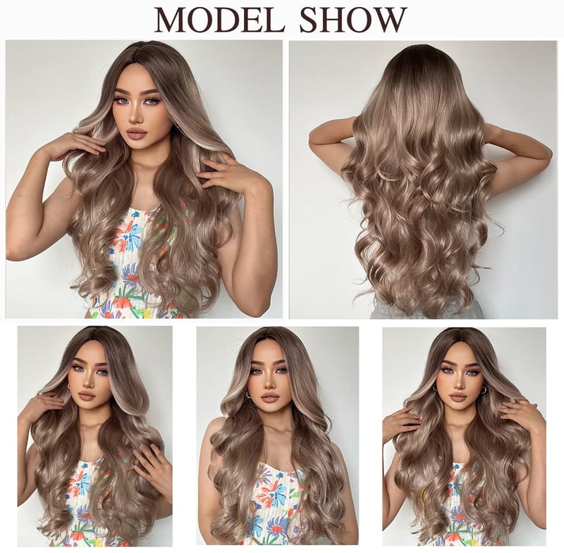 Esmee Hosszú Hullámos Paróka - 66 cm Ombre Barna-Hamvas Szőke, Hőálló Szintetikus Haj, Természetes Hatású, Állítható Fejméret, Cosplay, Part