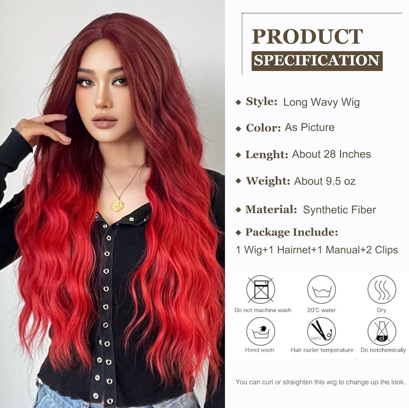 Esmee Hosszú Hullámos Paróka Nőknek - 71 cm Ombre Vörös Műhaj, Hőálló Szintetikus Paróka Mindennapi Viseletre, Cosplay, Partikra