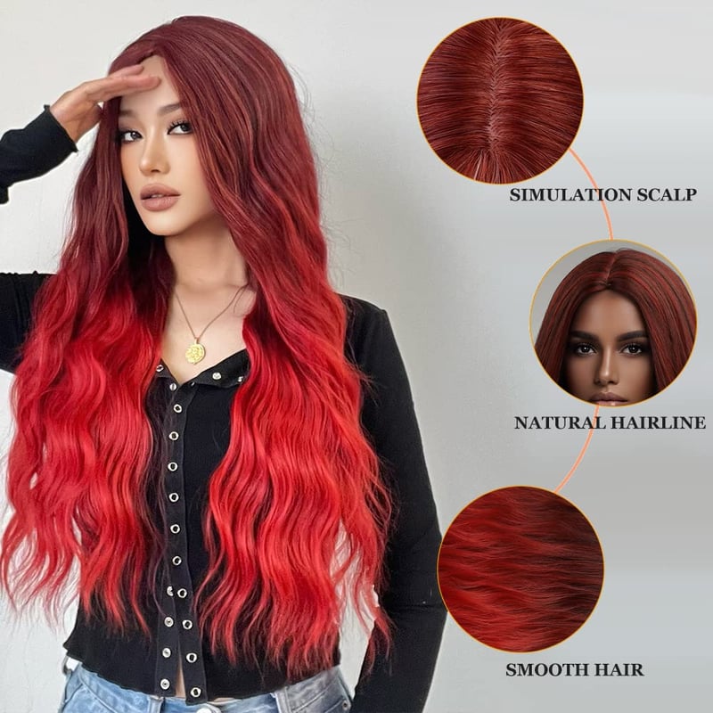 Esmee Hosszú Hullámos Paróka Nőknek - 71 cm Ombre Vörös Műhaj, Hőálló Szintetikus Paróka Mindennapi Viseletre, Cosplay, Partikra