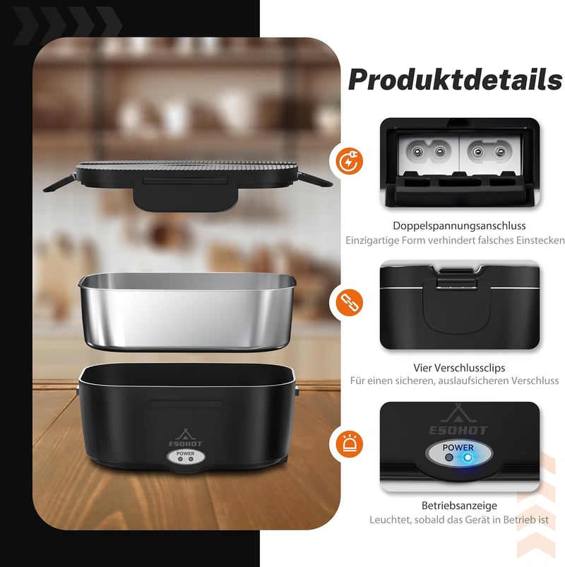 ESOHOT Elektromos Ételmelegítő 1,5L 12V/24V/220V Autóhoz Munkához