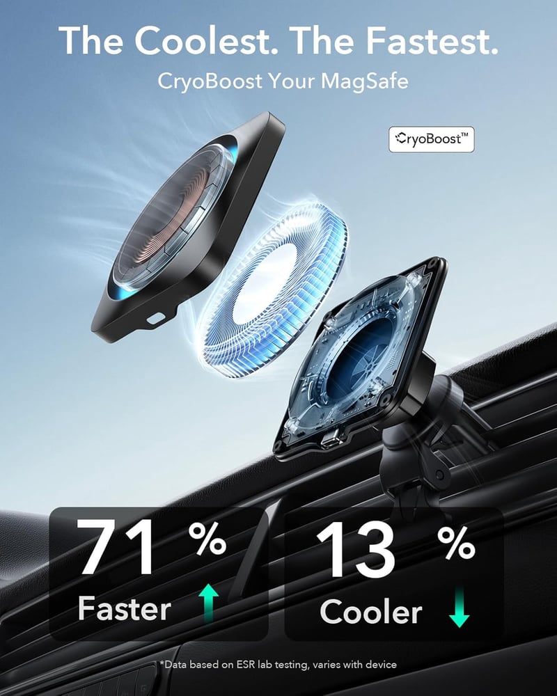 ESR 15W MagSafe Autós Töltő Hűtéssel, Mágneses Telefontartó Szellőzőre, iPhone és Android Kompatibilis
