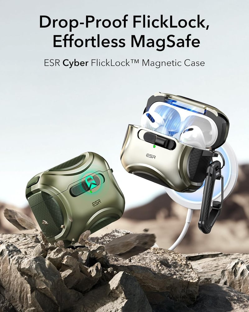 ESR AirPods Pro 2/1 Tok - MagSafe Kompatibilis, USB-C/Lightning, Egykezes Nyitás, Erős Mágneses Zár, Ütésálló Védelem, Cyber Széria, Katonaz