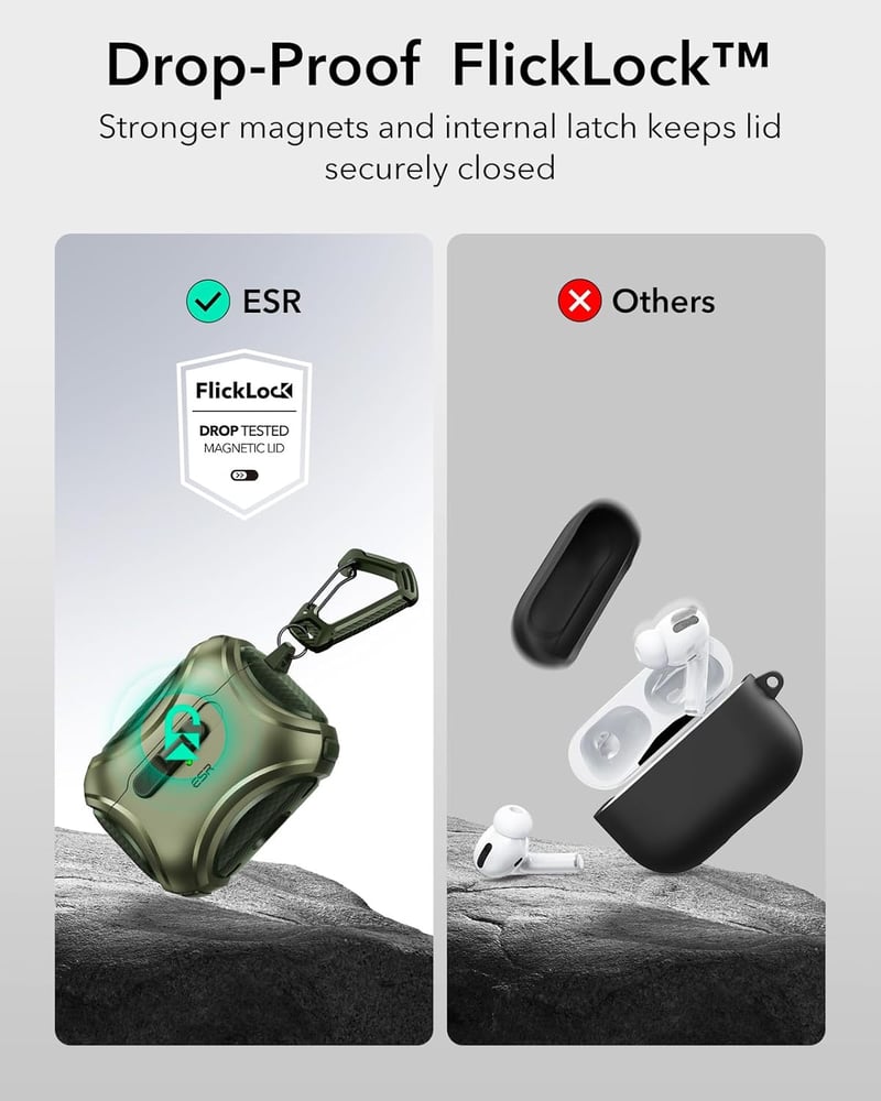 ESR AirPods Pro 2/1 Tok - MagSafe Kompatibilis, USB-C/Lightning, Egykezes Nyitás, Erős Mágneses Zár, Ütésálló Védelem, Cyber Széria, Katonaz