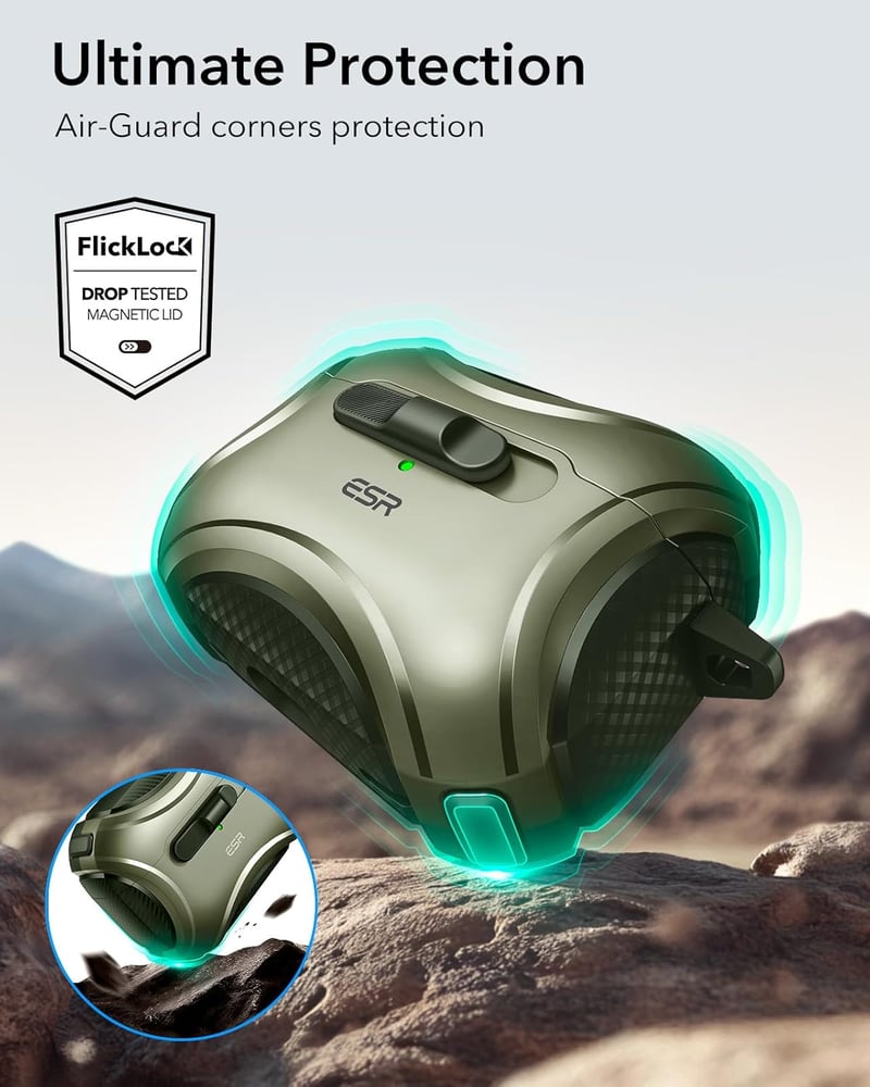 ESR AirPods Pro 2/1 Tok - MagSafe Kompatibilis, USB-C/Lightning, Egykezes Nyitás, Erős Mágneses Zár, Ütésálló Védelem, Cyber Széria, Katonaz