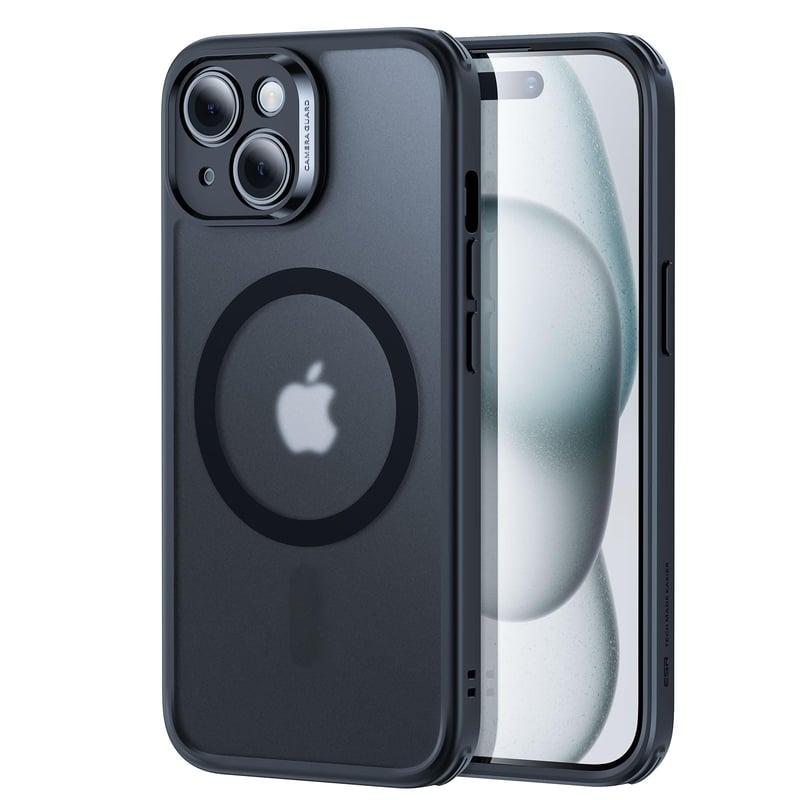 ESR Set maskica za iPhone 15 (5 u 1) - Mat crna prozirna zaštitna maskica sa zaštitom zaslona i kamere, kompatibilna s MagSafe, vojna razina zaštite.