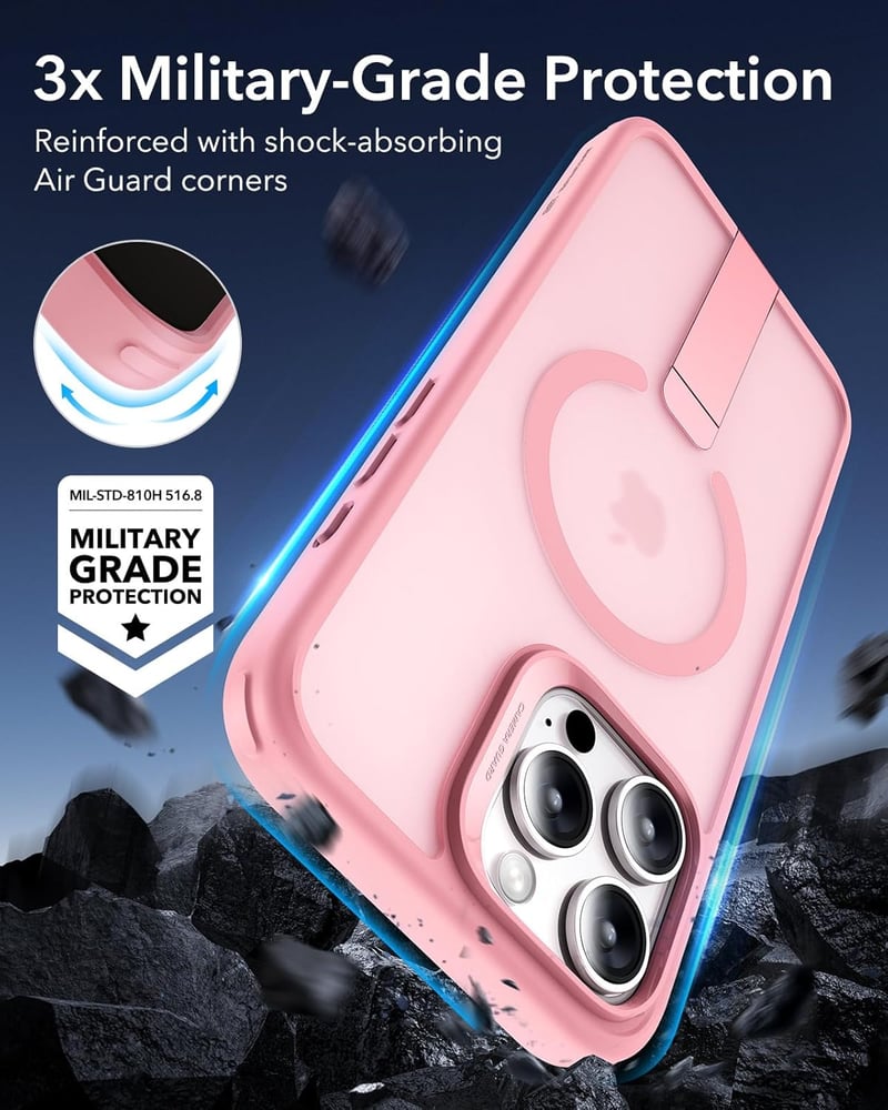 ESR iPhone 16 Pro MagSafe tok állvánnyal, katonai védelemmel, rózsaszín