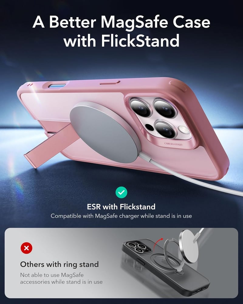 ESR iPhone 16 Pro MagSafe tok állvánnyal, katonai védelemmel, rózsaszín
