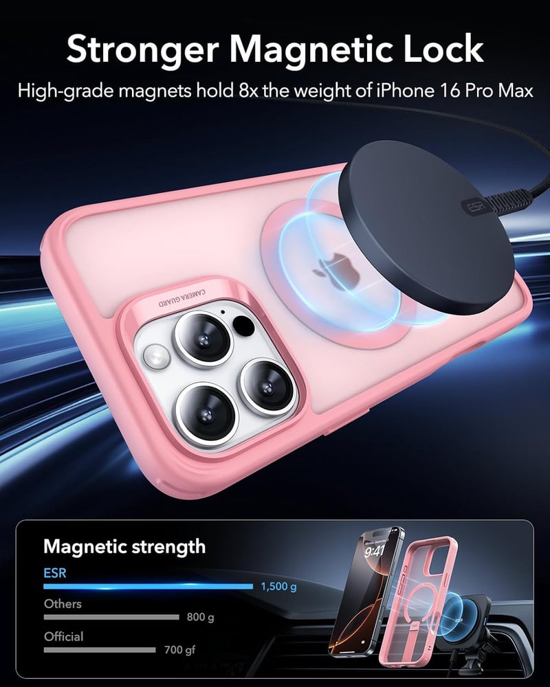 ESR iPhone 16 Pro MagSafe tok állvánnyal, katonai védelemmel, rózsaszín