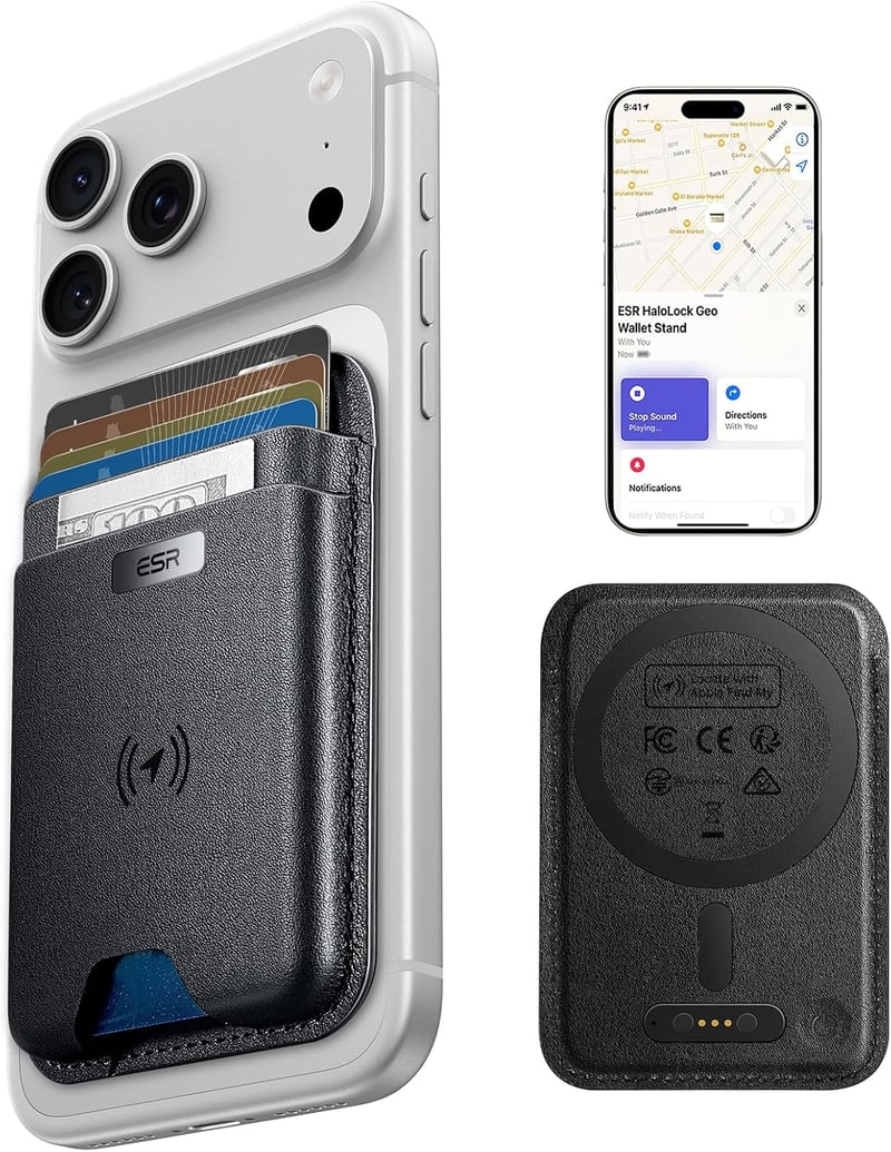 Portofel magnetic ESR cu MagSafe pentru seria iPhone 17, 16, 15, 14, 13, 12 (exclus Mini), funcție Find My, 5 compartimente pentru carduri, protecție RFID, negru
