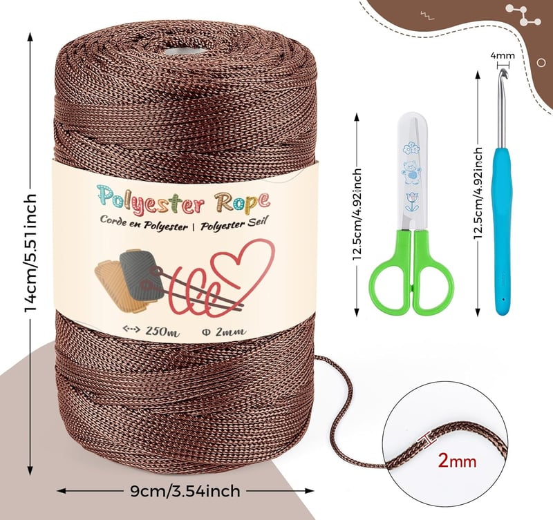 estcoo Makramé Kötél 2mm x 250m Réz Polyester Zsinór DIY Kézműves Dekorációhoz