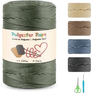 Frânghie din polipropilenă pentru macrame estcoo 2 mm x 250 m, verde măsliniu - cu foarfecă și croșetă