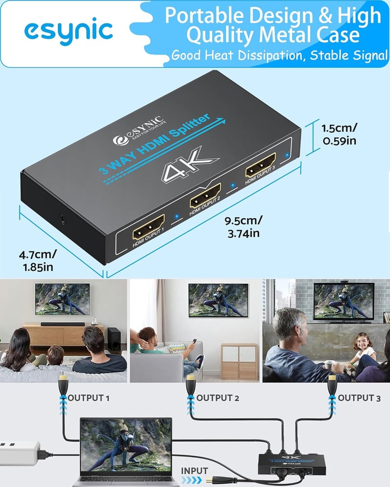 eSynic Professzionális HDMI Elosztó 4K 1 Bemenet 3 Kimenet Fém Ház HDCP 1.4