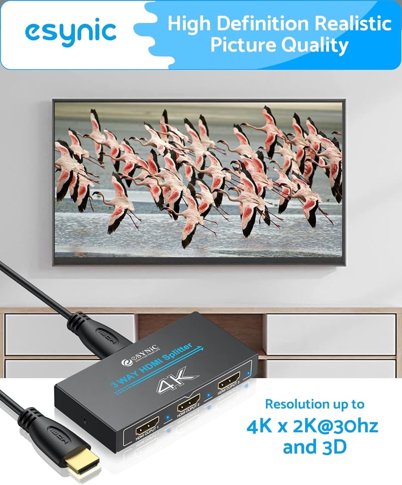 eSynic Professzionális HDMI Elosztó 4K 1 Bemenet 3 Kimenet Fém Ház HDCP 1.4