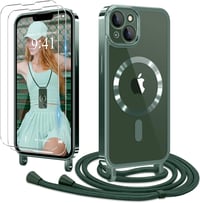 Ethanger iPhone 13/14 Szilikon Tok Lánccal, Mágneses Védelem + 2 Üvegfólia, Zöld - iPhone 13 / iPhone 14, Green 1